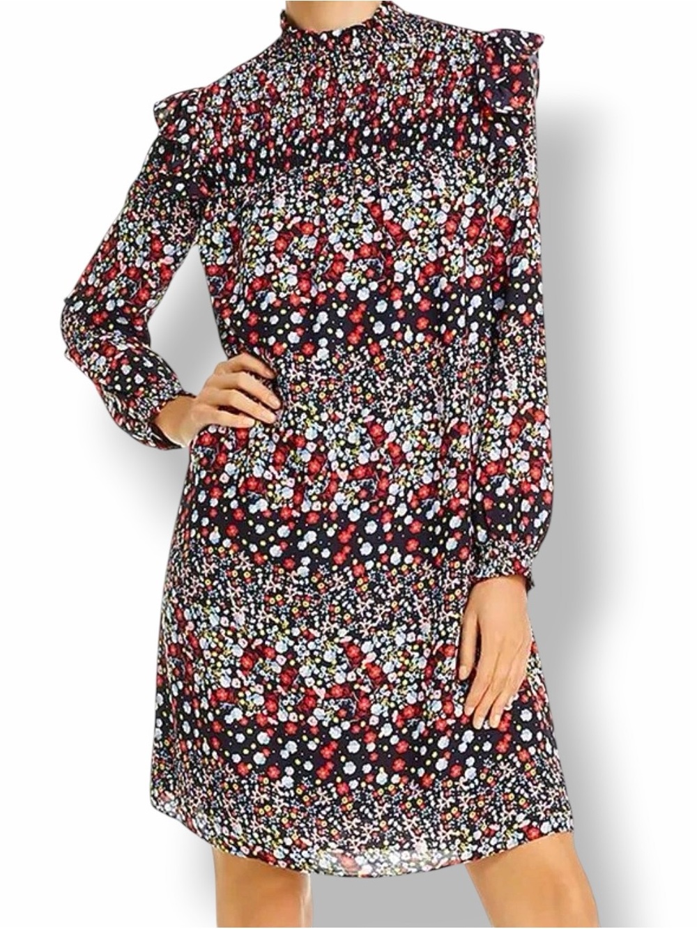 Nanette Lepore Floral Smocked Dress Sz 8 Romantic Ruffle Mock Neck Long Sleeve